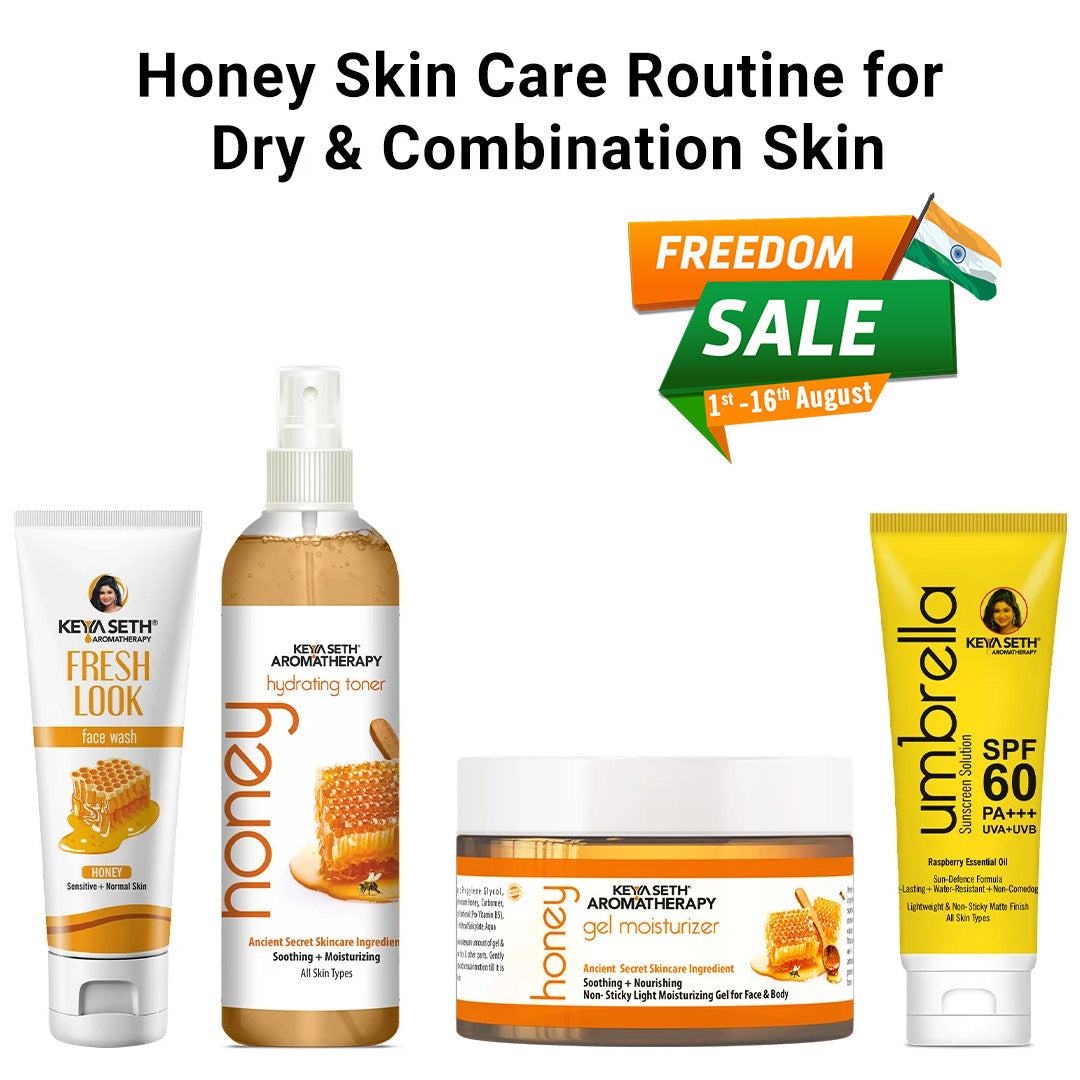 Honey Skin Care Routine for Dry & Combination Skin – Facewash, Toner, Gel Moisturizer, SPF 60 For Hydrate, Minimize Pores, Strengthen Barrier & Protect