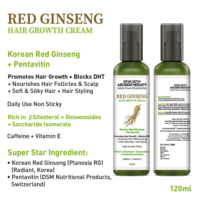 Korean Red Ginseng Hair Growth Cream, Blocks DHT, Pentavitin Caffeine Vitamin E, Daily Use, Hydration Nourishment - Keya Seth Aromatherapy