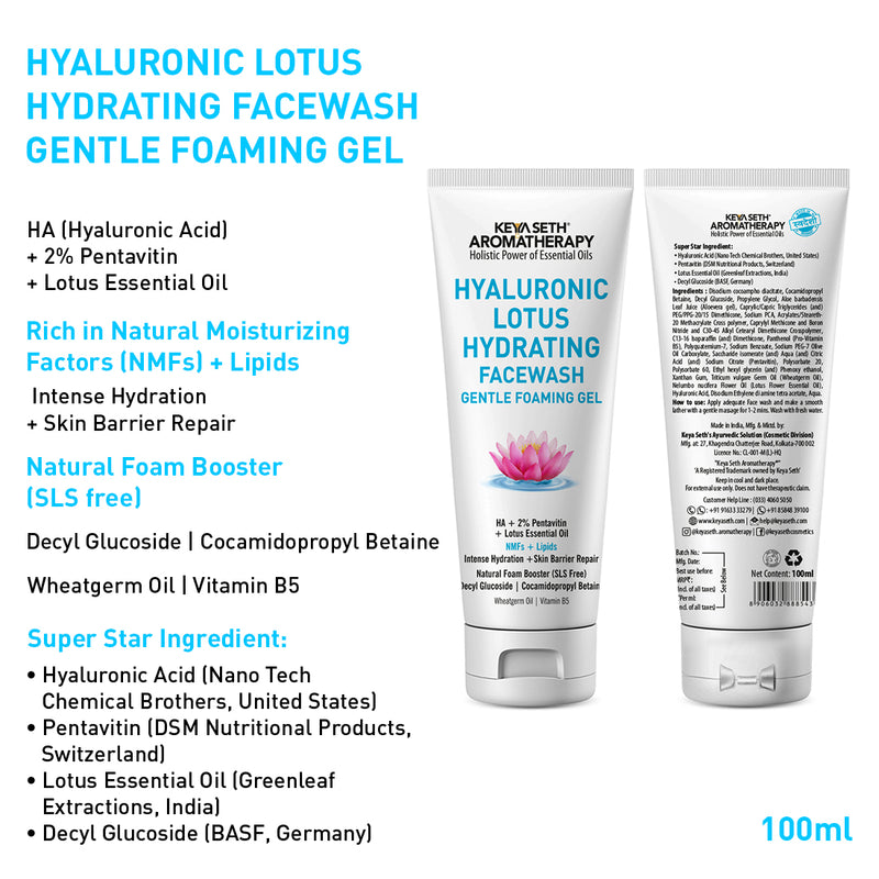 Hyaluronic Lotus Hydrating Facewash, 2 % Pentavitin + Natural Glucoside Foaming, NMFs + Lipids, Skin Barrier Repair, Gentle SLS Free - Keya Seth Aromatherapy