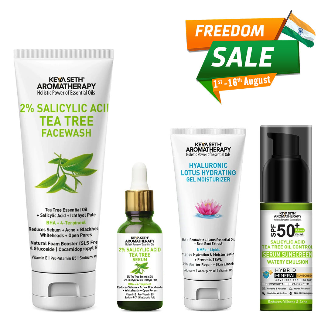 Daily Skincare Routine for Oily & Acne-Prone Skin - 2% Salicylic Acid Tea Tree Facewash & Serum with BHA, Vitamin E & B5 + 2% Pentavitin Moisturizer + Salicylic Tea Tree Oil Control Serum Mineral Sunscreen SPF 50 PA+++