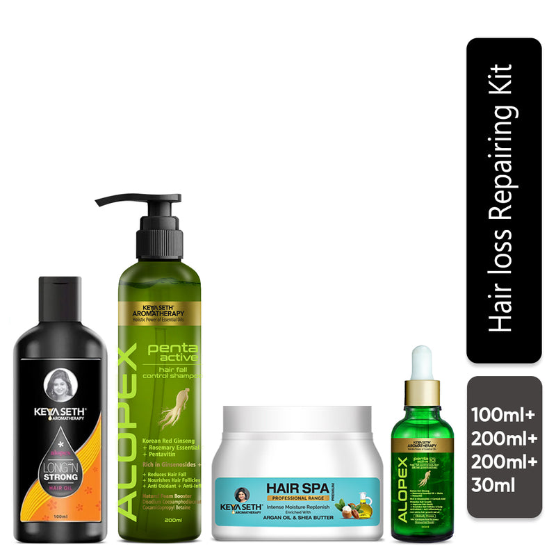 Hair Loss Repair Kit: Rosemary & Tea Tree Oil, Biotin & Pro-Vitamin B5 Shampoo, Jojoba & Lavender Hair Spa, and Korean Red Ginseng Serum for Hair Growth & Strength - Keya Seth Aromatherapy