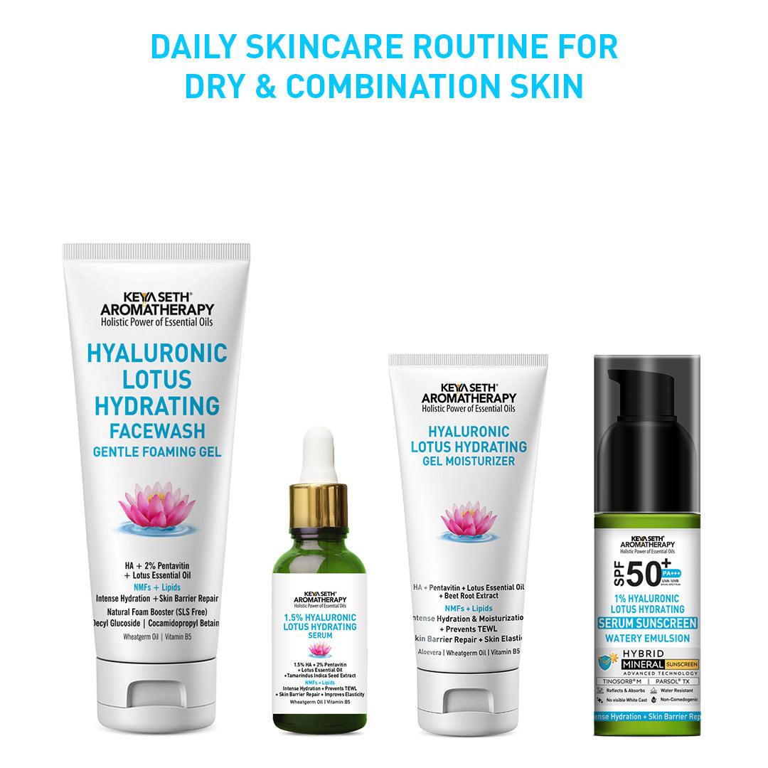Daily Skincare Routine for Dry & Combination Skin – Hyaluronic Lotus Face Wash, 1.5% Hydrating Serum, Gel Moisturizer with 2% Pentavitin & SPF 50 PA+++ Sunscreen for Intense Hydration and Skin Barrier Repair