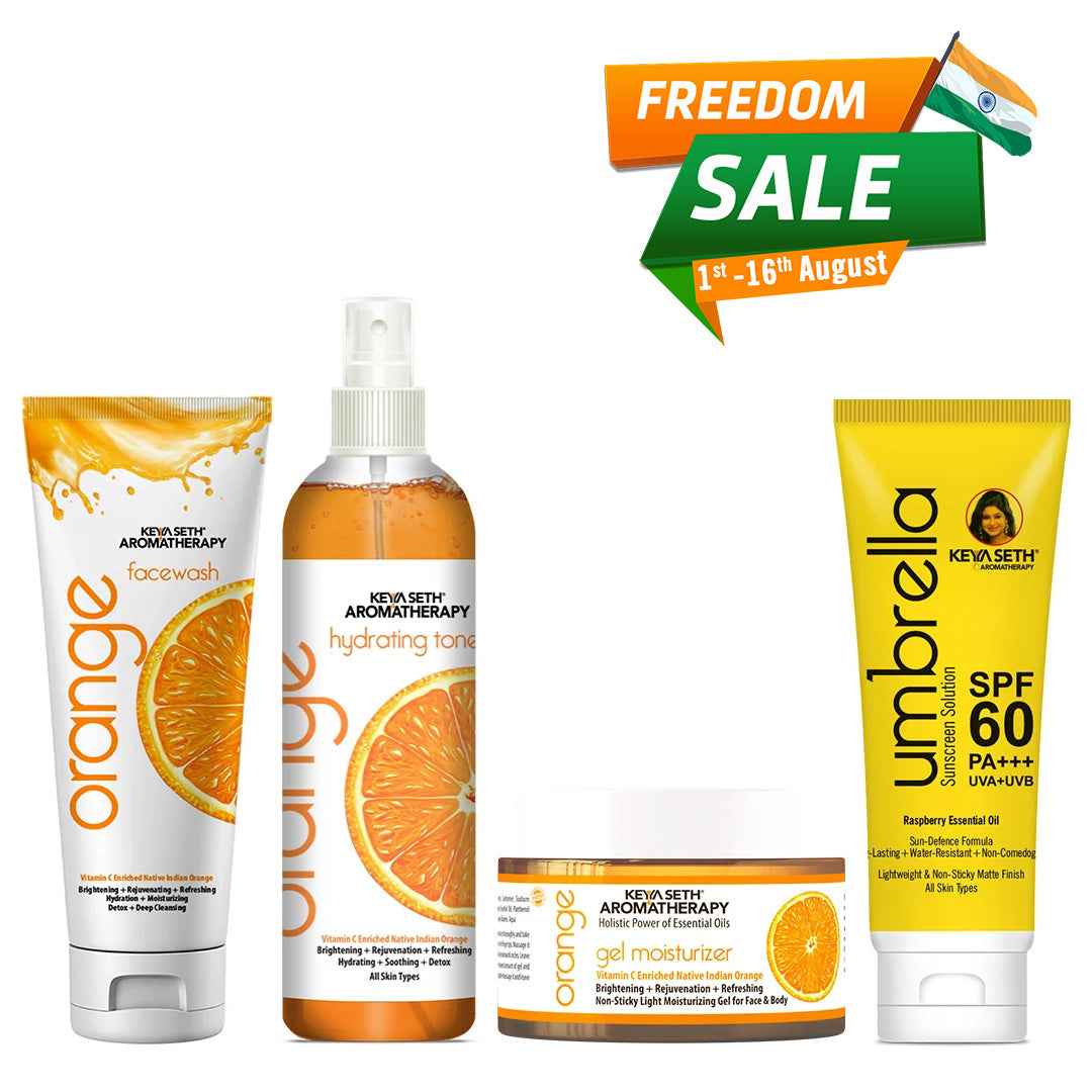 Orange Skincare Routine For Glowing Skin - Facewash, Toner, Moisturizer, Sunscreen with Orange Essential Oil, Pro-Vitamin B5 for Cleansing, Hydration, Pore Care & Sun Protection