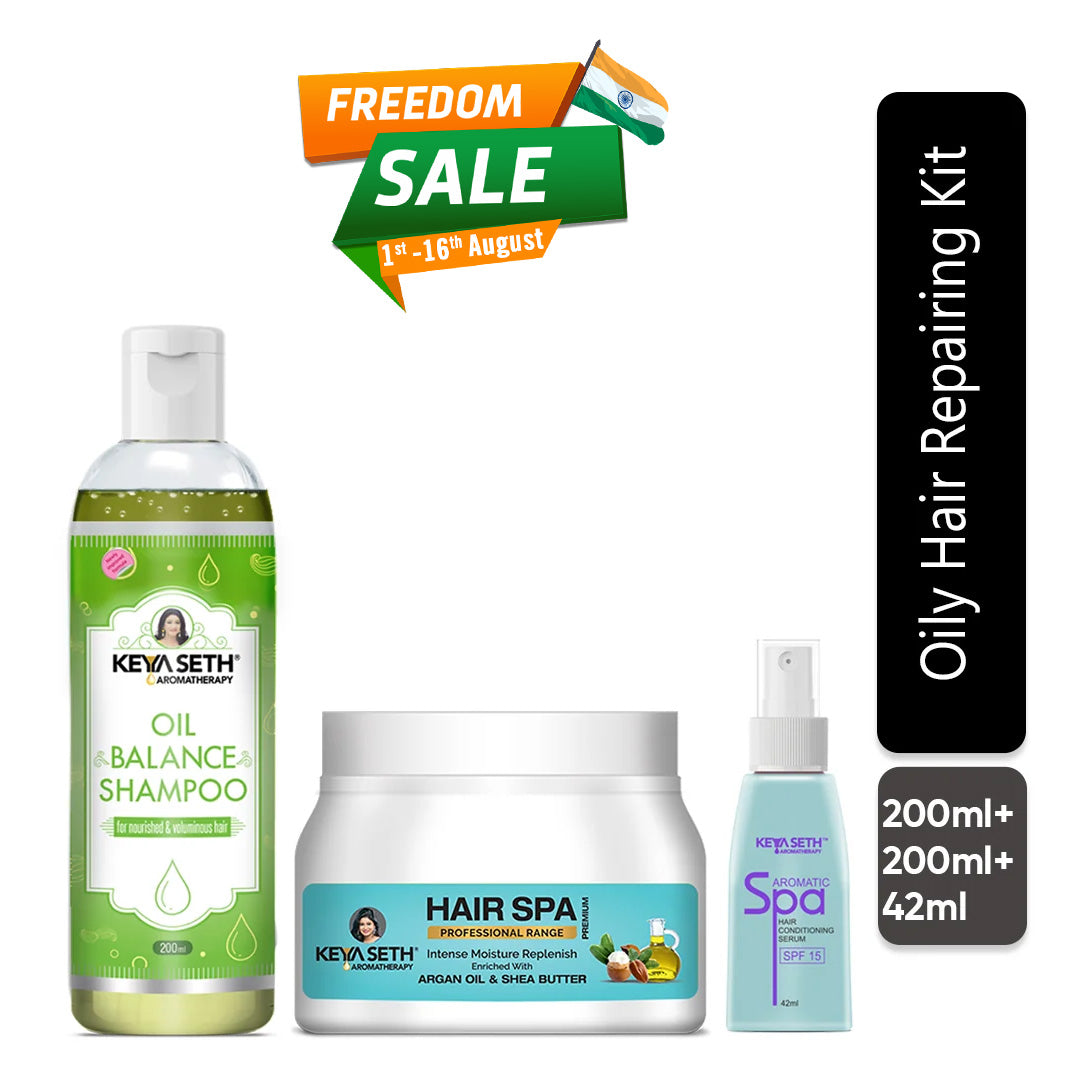 Oily Hair Repair Kit: Lemon & Lavender Shampoo, Jojoba & Rosemary Hair Spa & Aromatic Serum for Balanced, Voluminous & Frizz-Free Hair