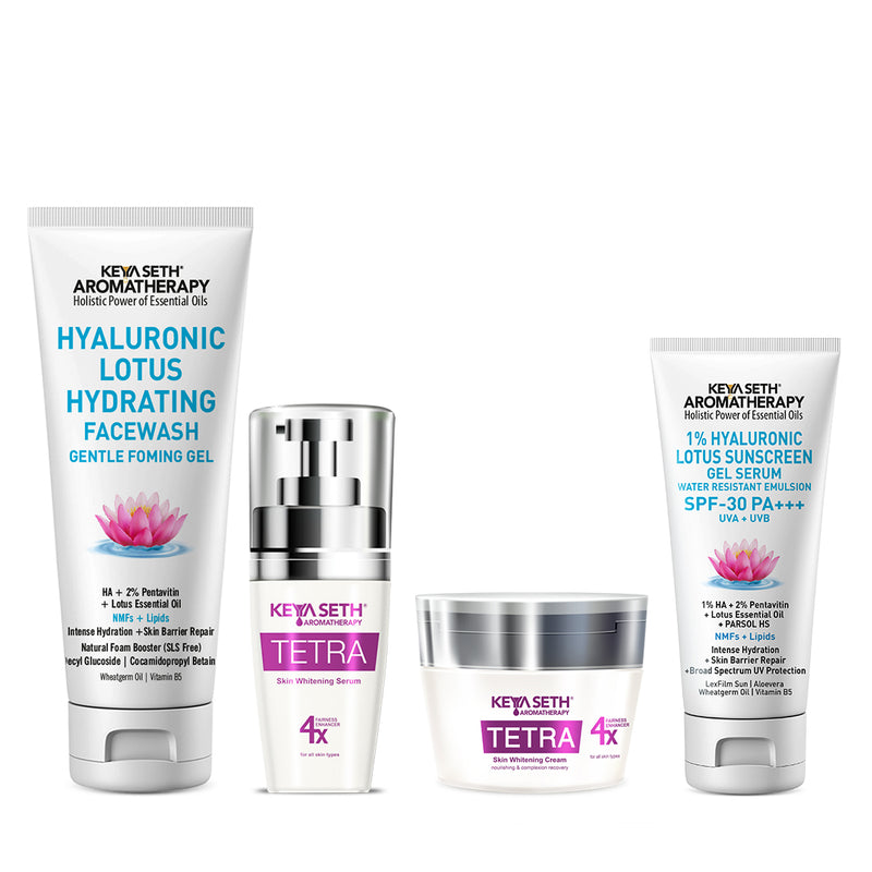 Daily Skin Care Routine for Brightening + Radiant Skin with Hyaluronic Facewash, Vitamin C Serum, Alpha Arbutin Moisturizer & 1% Hyaluronic Lotus Sunscreen Gel - Keya Seth Aromatherapy