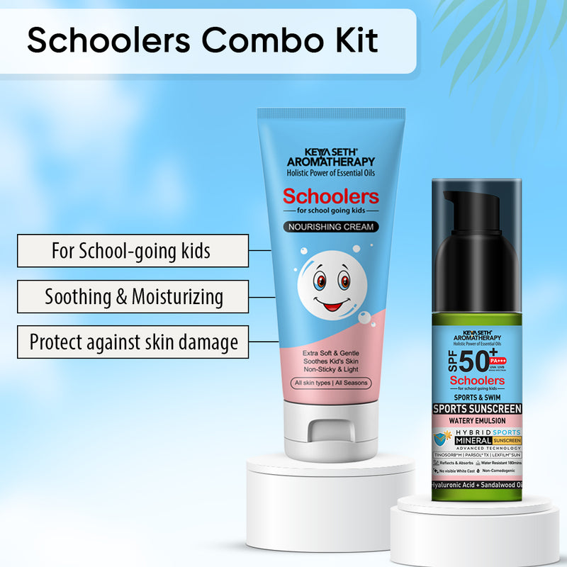 Schoolers Kids Nourishing Cream & Sports Mineral Watery Sunscreen SPF 50 PA+++ Combo Kit for Boys & Girls – Lightweight, Moisturizing, No White Cast - Keya Seth Aromatherapy
