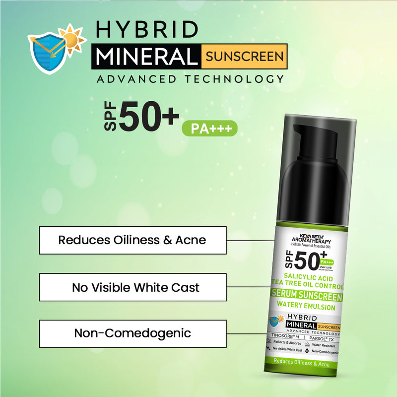 Salicylic Tea Tree Oil Control Serum Mineral Sunscreen, SPF 50 PA+++, Watery Emulsion, No White Cast, Water Resistant, Tinosorb M + Parsol TX - Keya Seth Aromatherapy