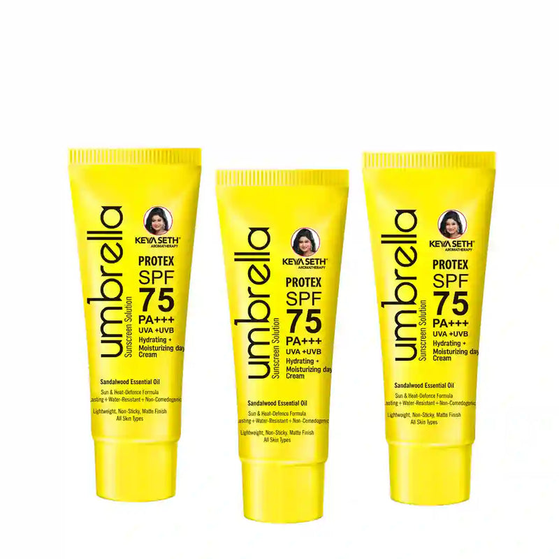 Umbrella Sunscreen Solution Protex SPF 75 Broad Spectrum Protection, Hydrating, No White Cast, Lightweight Matte Finish with Sandalwood Oil - Keya Seth Aromatherapy