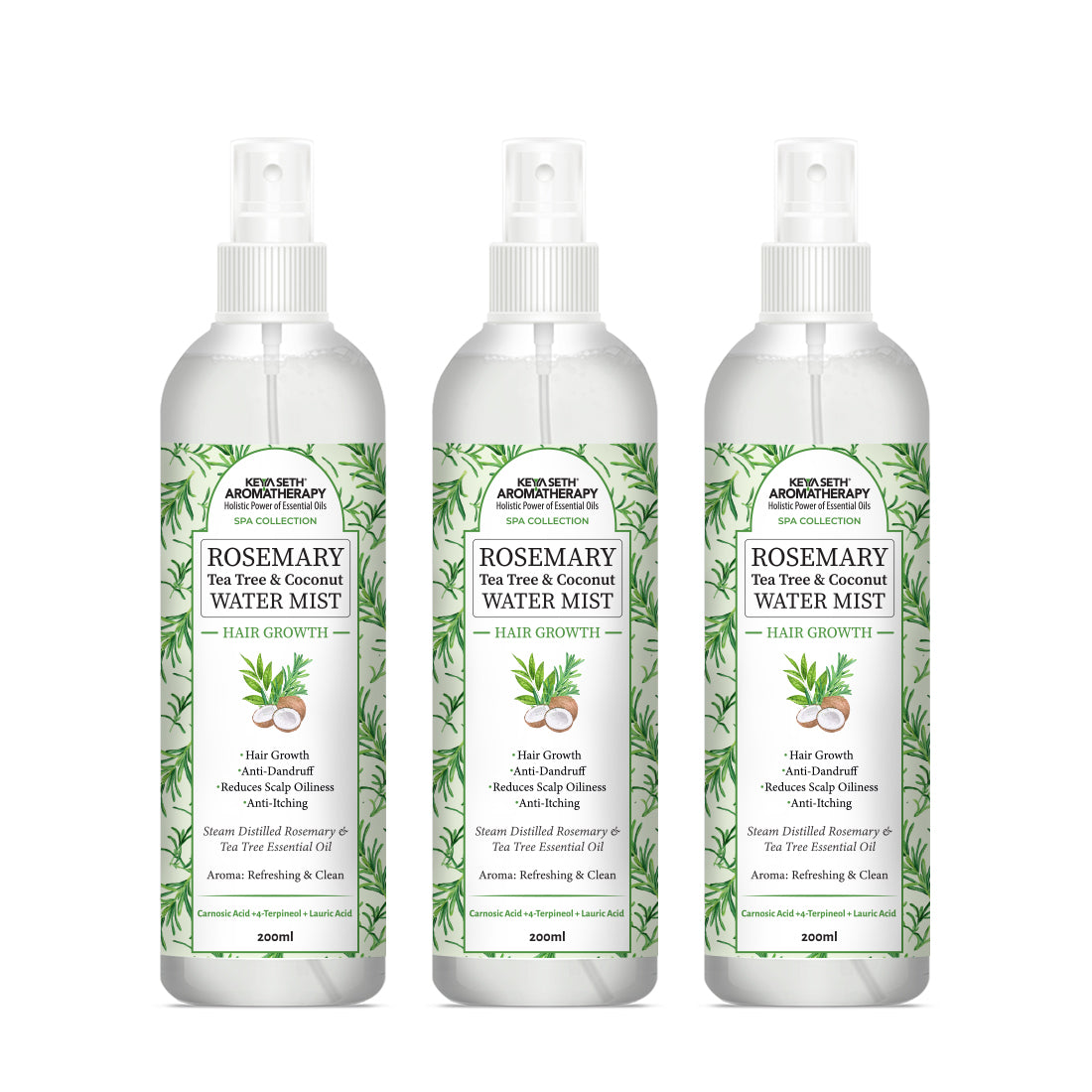 Rosemary Tea Tree Coconut Water Mist Spray,Hair Growth,Reduces Dandruff Scalp Itching & Oiliness,Steam Distilled Essential Oil - Keya Seth Aromatherapy