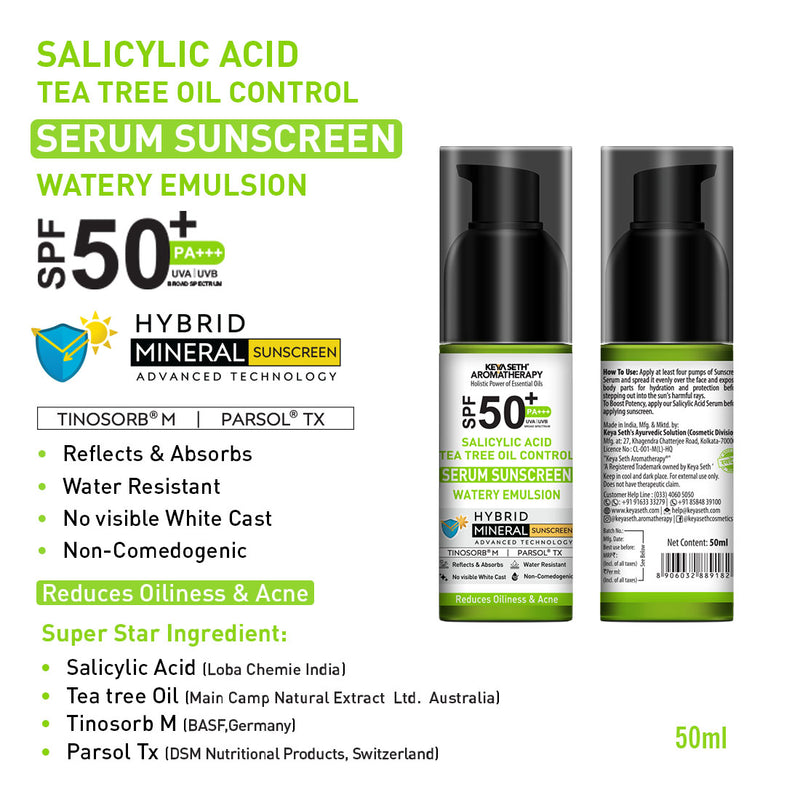 Salicylic Tea Tree Oil Control Serum Mineral Sunscreen, SPF 50 PA+++, Watery Emulsion, No White Cast, Water Resistant, Tinosorb M + Parsol TX - Keya Seth Aromatherapy