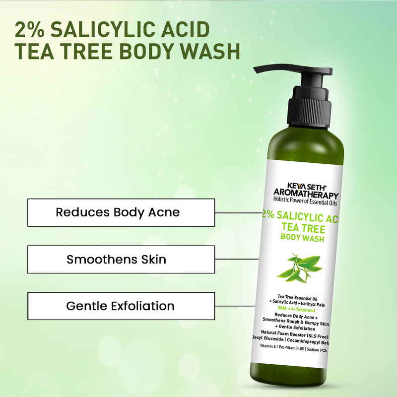 Salicylic Acid Tea Tree Body Wash, BHA + Terpineol, Body Acne & Exfoliation, Natural Glucoside Foaming, Dead Skin Removal, Ichthyol Pale, Vitamin E,B5 - Keya Seth Aromatherapy