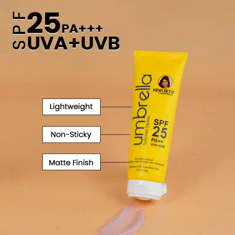 Umbrella Sunscreen Solution SPF 25 with PA+++ UV Protection, Sweat Resistant Formula Oil Control Enriched with Pure Essential Oil wheatgerm & Almond - Keya Seth Aromatherapy