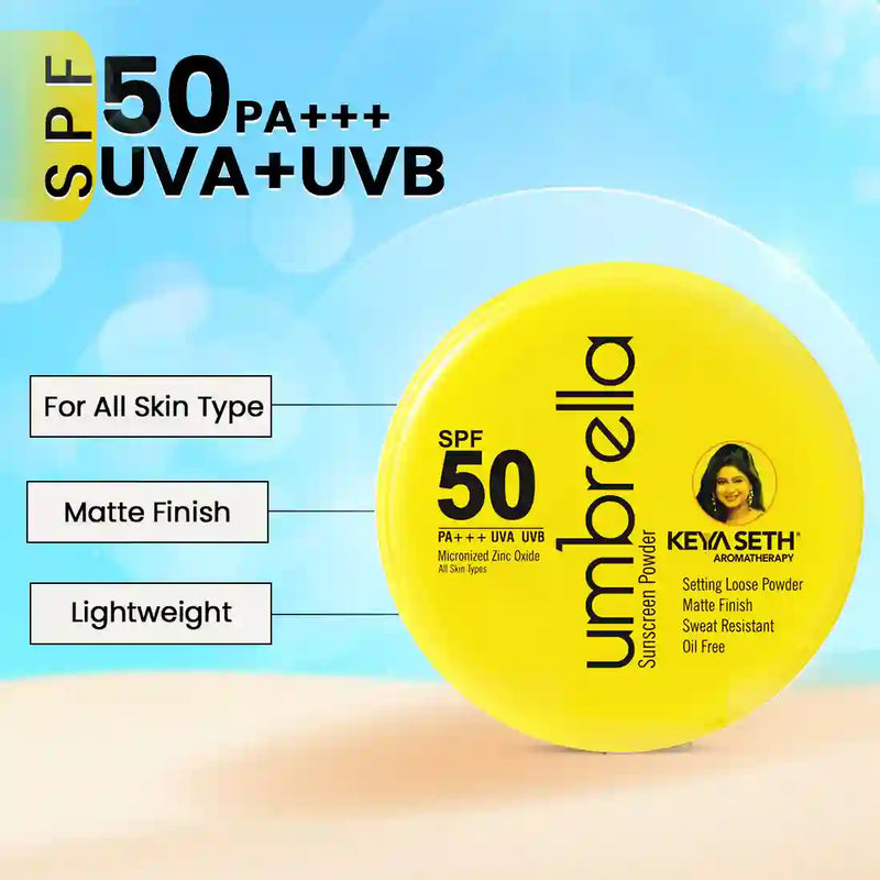 Umbrella Sunscreen Powder SPF 50 with PA+++ UV Protection, Sweat Resistant Formula, Micronized Zinc Oxide for Oily Skin - Keya Seth Aromatherapy